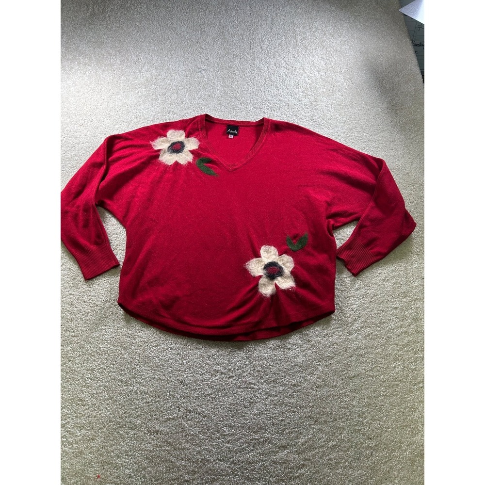 Aaeda Women's Red V-Neck Sweater Large‎ Floral BloomCore Artsy Art 2 Wear Mixed